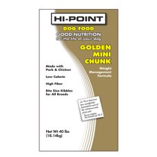 Hi-Point Mini Chunk 18-7 Dog Food. Gold and white pet food bag. Food for small dog breeds.