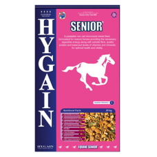 Hygain Senior Horse Feed. Hot pink and blue equine feed bag.