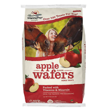 Manna Pro Apple Wafers. White and red feed bag. Treats for horses.