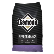 Diamond Performance Formula Adult Dry Dog Food. Black dog food bag. Purple trim.