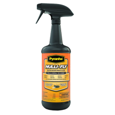 Pyranha Nulli-Fly Horse Insecticide Spray. Black Spray bottle. Orange product label. Fly control. Insect control. 