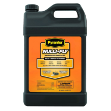 Pyranha Nulli-Fly Horse Insecticide Spray, Gallon. Black container. Orange product label. 