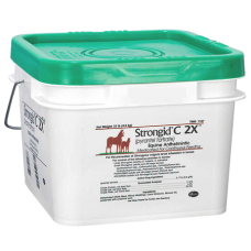 Zoetis Strongid C 2X Pellet Horse Wormer. White plastic pail. Green lid.