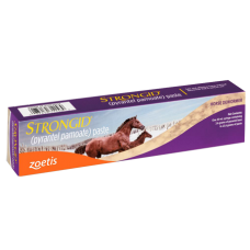 Zoetis Strongid Paste-Zoetis. Purple and orange product box. Brown horses running.