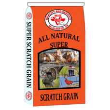 Big V Super Scratch Grain. Orange poultry feed bag.