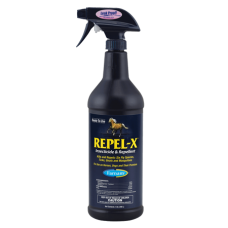 Farnam Repel-X Insecticide and Repellent RTU. Black plastic spray bottle. Insecticide for use around animals.