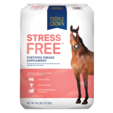 Triple Crown StressFree Forage. White feed bag. Brown horse.