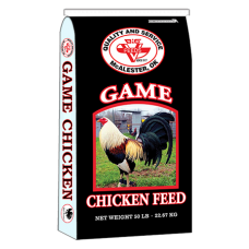 Big V Game Cock Maintenance (Black Rooster). Black and red poultry feed bag.