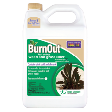 Bonide BurnOut Concentrate. White plastic container. Green weed killer product label.