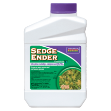 Bonide Sedge Ender Concentrate. White plastic container. Purple cap. Weed killer.