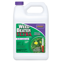 Bonide Weed Beater Ultra Concentrate. White plastic jug container. Purple cap. Colorful weed killer product label. 