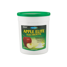 Farnam Elite Electrolyte Apple. White plastic container with green lid. Horse health supplement. 