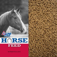 Lone Star 12-8 Hi-Fat Pellets. Brown pelleted horse feed. 