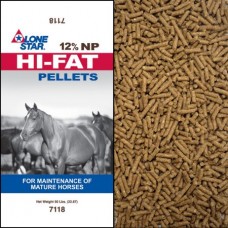 Lone Star 12% NP Hi-Fat Pellets. Brown pelleted feed. Feed for senior horses.