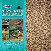 Lone Star Game Bird Breeder. Light brown game bird feed. Teal poultry feed bag.