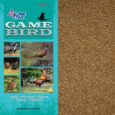 Lone Star Game Bird Starter-Grower Crumbles. Brown crumbled game bird feed. Teal poultry feed bag.