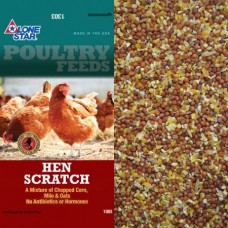 Lone Star Hen Scratch. Mixed grains for poultry. Teal and red feed bag.