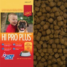 Lone Star Hi Pro Plus Dry Dog Food. Round brown kibble for dogs. Red and yellow pet food bag. Child and puppy.