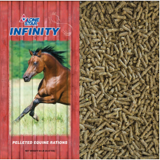 Lone Star Infinity Complete OS. Brown pelleted horse feed. Red feed bag. Brown horse running. 