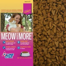 Lone Star Meow For More Dry Cat Food. Brown kibble for cats. Yellow and pink pet food bag.