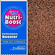 Lone Star Nutri-Boost. Feed supplement for livestock. Brown pellets. Blue feed bag. 