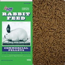 Lone Star Rabbit Feed Commercial Ration. Brown pelleted rabbit feed. Green feed bag, white rabbit.