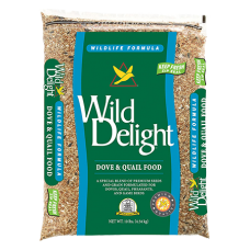 Wild Delight Dove & Quail Food. Clear plastic bird seed bag. Teal product label.