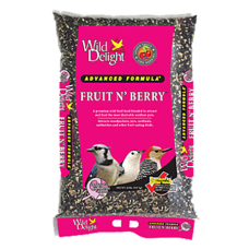 Wild Delight Fruit N’ Berry™ Advanced Formula Bird Food. Clear plastic bird seed bag. Hot pink label.