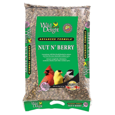 Wild Delight Nut N’ Berry Advanced Formula Bird Food. See through plastic bag. Green product label. Colorful birds.