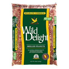 Wild Delight Shelled Peanuts. Clear plastic bag. Product colors, green, yellow.