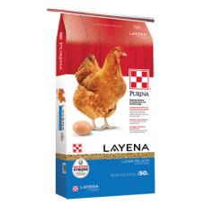 Purina Layena Pellets. Red, blue poultry feed bag. Red chicken.