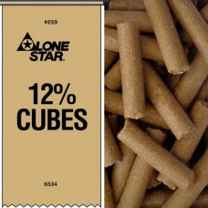 Lone Star 12% Cubes. Tan long pelleted forage for cattle.