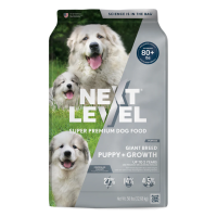 Next Level Giant Breed Puppy + Growth. Silver 50-lb dry dog food bag.