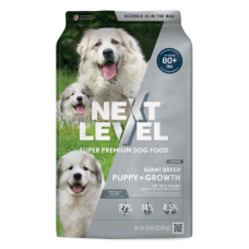 Next Level Giant Breed Puppy + Growth. Silver 50-lb dry dog food bag.