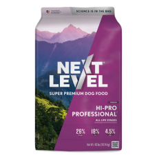 Next Level Hi-Pro Professional. Purple 40-lb dry dog food bag.