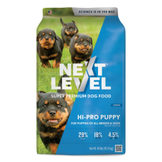 Next Level Hi-Pro Puppy. 40-lb bag of puppy food shown.