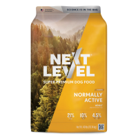 Next Level Normally Active Adult. Yellow 40-lb dry dog food bag.
