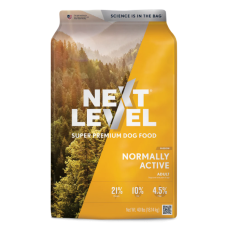 Next Level Normally Active Adult. Yellow 40-lb dry dog food bag.