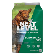 Next Level Performance Plus Large Breed Adult. Green 40-lb dry dog food bag.