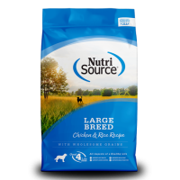 NutriSource Large Breed Adult Chicken & Rice Recipe. Blue dog food bag.