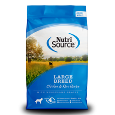 NutriSource Large Breed Adult Chicken & Rice Recipe. Blue dog food bag.