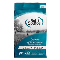 NutriSource Grain Free Chicken & Peas Recipe. Teal and white dry dog food bag.