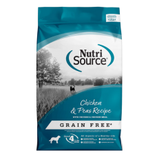 NutriSource Grain Free Chicken & Peas Recipe. Teal and white dry dog food bag.