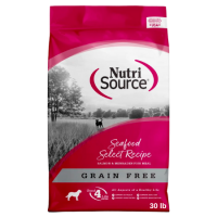 NutriSource Grain Free Seafood Select with Salmon Recipe. Hot pink dog food bag.