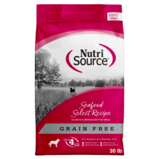 NutriSource Grain Free Seafood Select with Salmon Recipe. Hot pink dog food bag.