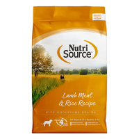 NutriSource Lamb Meal & Rice Recipe. Gold dog food bag.