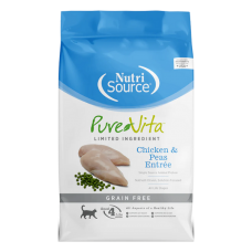 NutriSource PureVita Grain Free Chicken & Peas Entrée. Blue and white dry cat food bag.