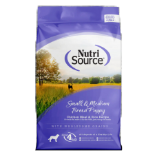 NutriSource Small & Medium Breed Puppy Recipe. Dry dog food bag. 