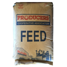 Producers Broiler Starter Pelleted. Brown paper feed bag. Feed for poultry.