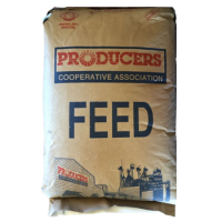 Producers Broiler Finisher Pelleted. Brown paper feed bag. Feed for poultry.